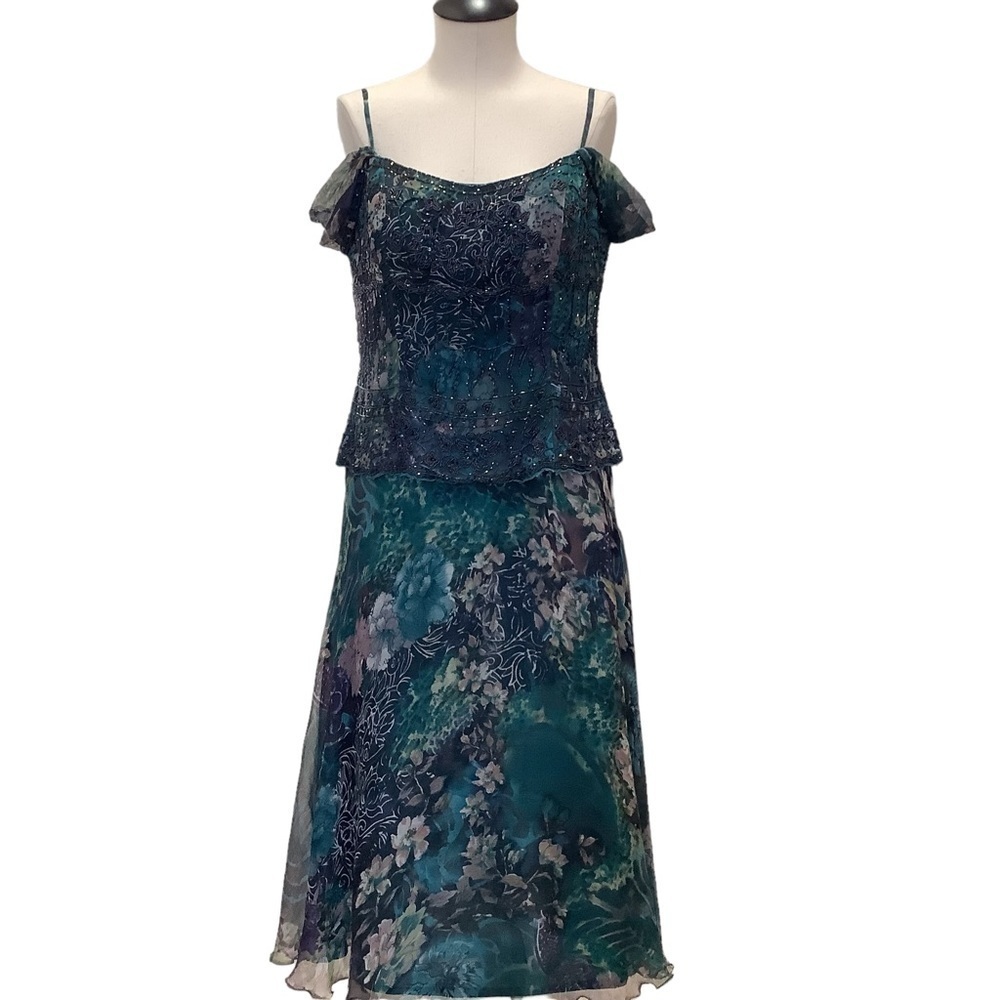 MONTAGE by MON CHERI Floral Silk Beaded Tea Length Dress - Size 12‎
